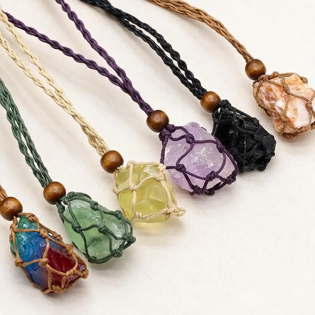 Handwoven Macrame Pouch Natural Raw Crystal Pendant Necklace Adjustable Cord Bohemian Healing Jewelry For Women Men Daily Wear