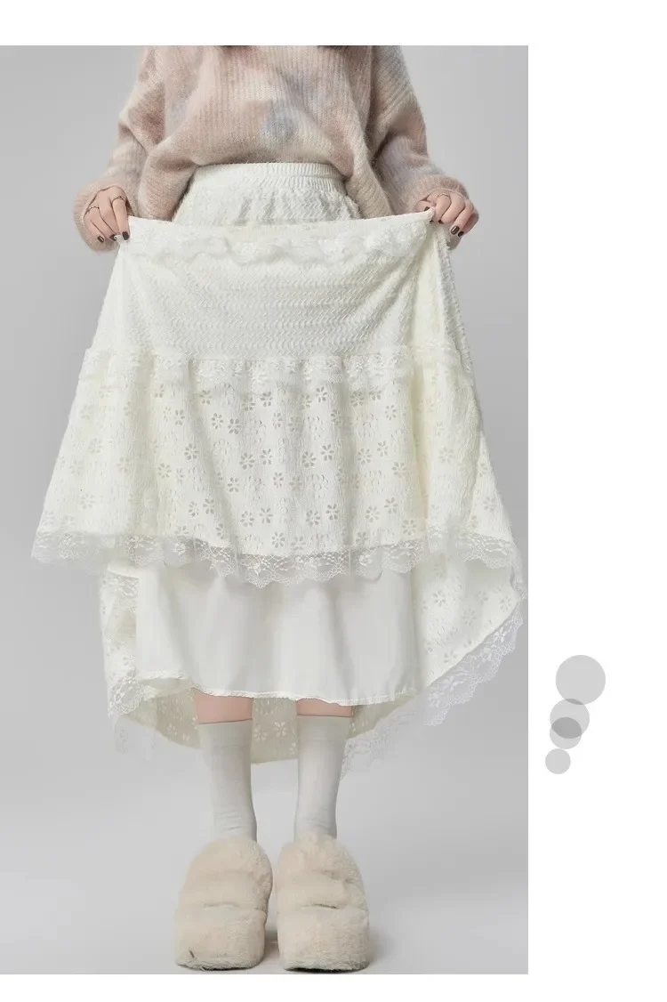 Gentle Wind High Waist A-Line Lace Splicing Long Skirt Women's Fairy Tale Cake Skirt Mid-Length Midi Skirt for Autumn Winter