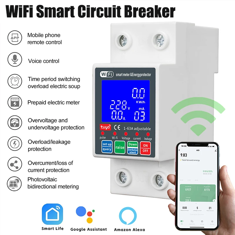 

63A Smart Life PV Smart Circuit Breaker Tuya Voltage Relay 230V Wifi Current Leakage Protection MCB Automatic Switch
