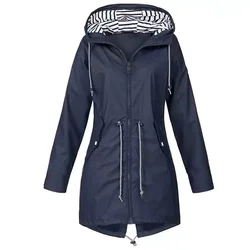 Women Fashion Hooded Drawstring Jackets All Season Waterproof Raincoat Climbing Jacket Solid Casual Loose Outdoor Trench Coat