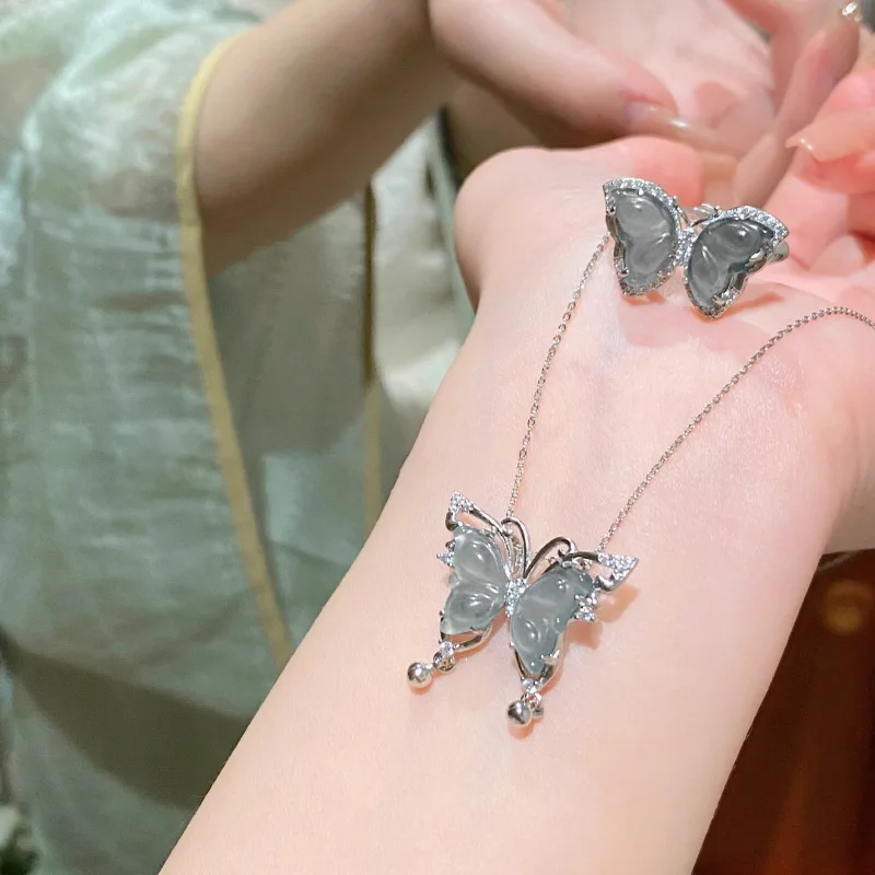 PANJBJ 925 Sterling Silver Jade Butterfly Necklace for Women Zircon Hollow Out Retro Design Grace Jewelry Gift Dropshipping