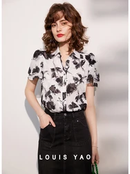 LOUIS YAO Women Floral Shirt 2024 Summer Retro Style Turn Down Collar Short Sleeve Fashion Elegant Blouses