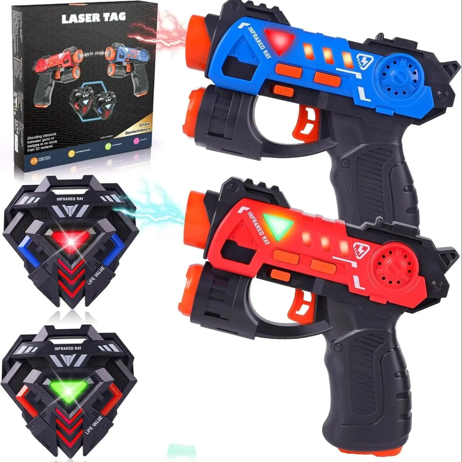 CSTAG 2인용 레이저 건 세트 장난감 크리스마스 선물 소년용 미니 권총 사격 게임 실내외 장난감 어린이 팀 파티 놀이 재미