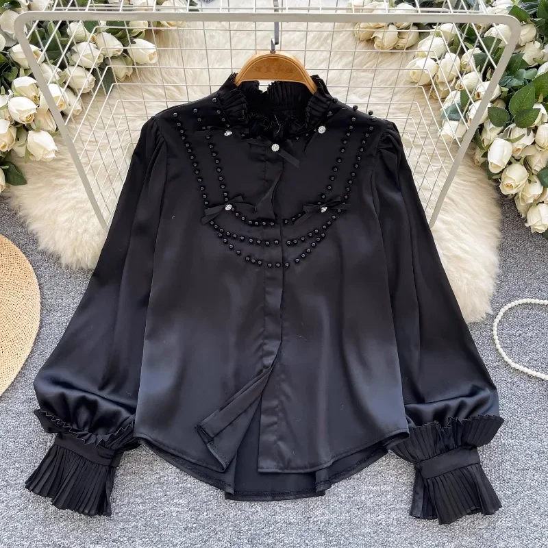 2025 Spring New Vintage French Women Clothing Blusas Mujer Beading High Grade Blouses O Neck Pleated Bowknot Chic Satin Shirts