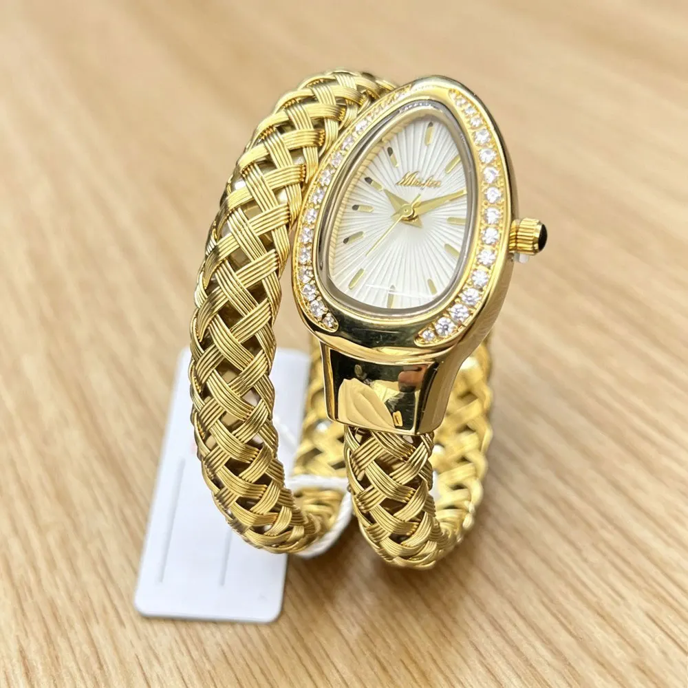 Women Gold Snake Wrap Bracelet Watch Luxury Diamond Inlaid Quartz Wristwatch Vintage Braided Bangle Watches Ladies Daily Jewelry