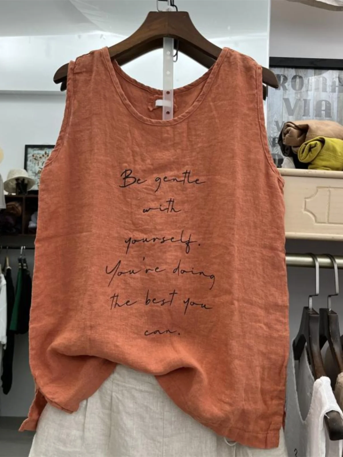 เสื้อกล้ามผ้าลินินผสมคอตตอนทรงหลวม พิมพ์ลาย สไตล์ลำลอง ใส่สบาย เหมาะสำหรับฤดูร้อน ไซส์เล็ก สำหรับผู้หญิง