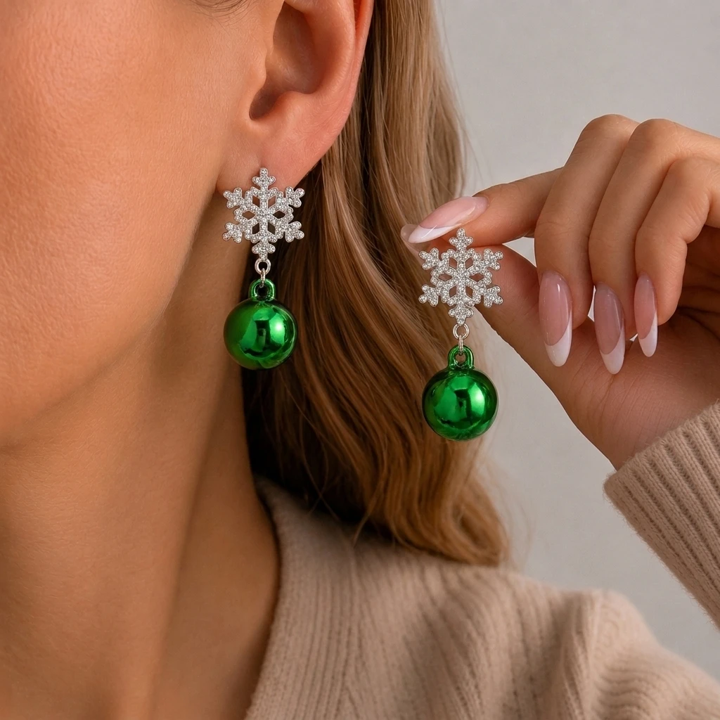 Kreative grüne Kristallkugel-Ohrringe mit Schleife für Frauen, Weihnachts-Schneeflocken-Lichtkugel-Ohrhänger, Y2K-Neujahrs-Schmuck – Detail 3