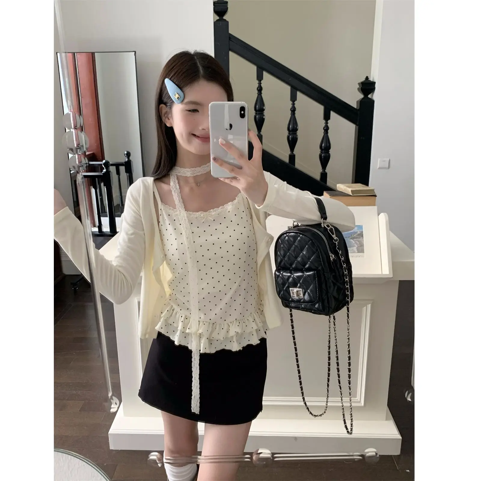 

Новый комплект из двух предметов: кардиган с кружевными вставками и принтом в горошек, женский, в корейском стиле, повседневный, модный, дизайн Pure Desire, 2025 год