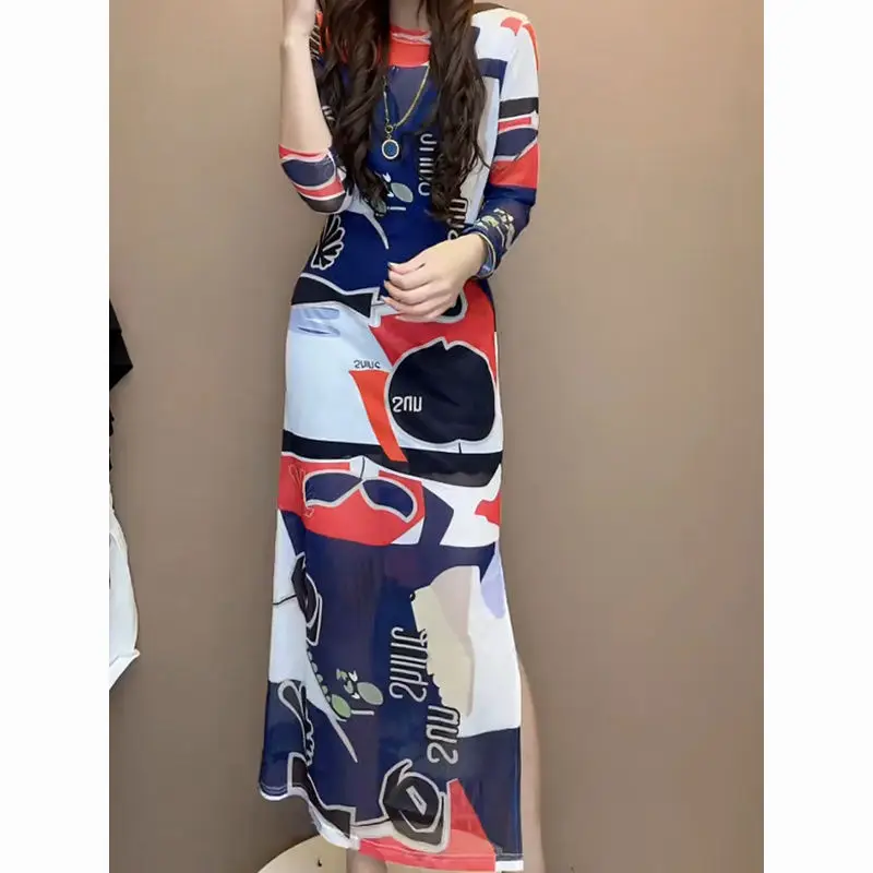 

Spring Summer Round Neck Fashion Maxi Dress Women High Street Casual Slim Printing Dresses Sexy Thin Style All-match Vestidos
