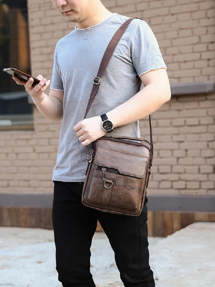 men's Casual commuting single-shoulder crossbody bag hand-held vertical large-capacity leather bag breathable and wear-resistant