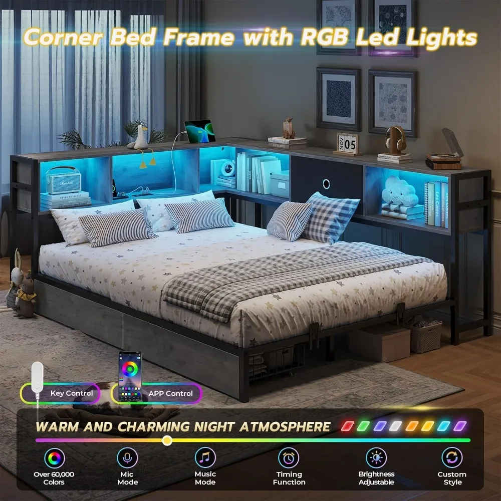 Dictac Eck-Vollbettgestell mit Bücherregal-Aufbewahrung und LED-Leuchten, Plattformbettgestell aus Metall in voller Größe mit Schubladen und Char