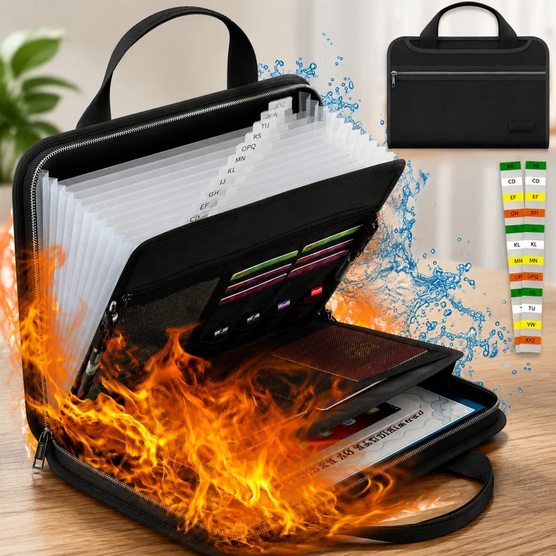 Fireproof & Moisture-Resistant Accordion File Organizer with 13 Expandable Pockets and Handle. Designed for A4 papers, bills,