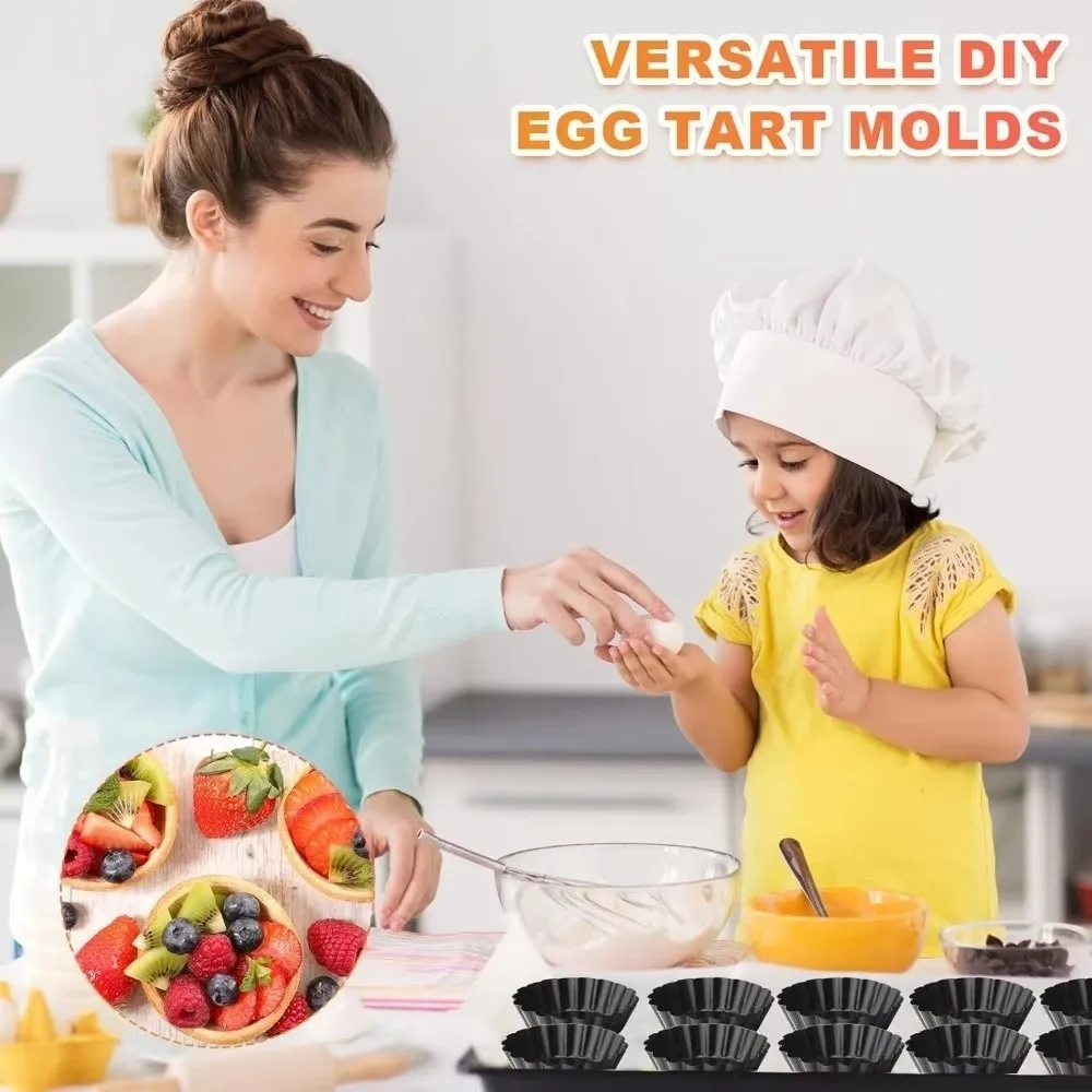New Carbon Steel Egg Tart Pan Removable Bottom Non-Stick Quiche Pan Fluted Edge Stackable Pie Baking Mold Dessert Making