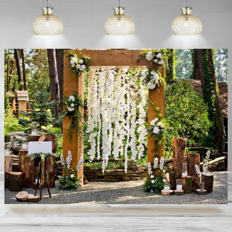 Country Wedding Backdrop Rustic Wood White Flower Photographic Background Bridal Shower Engagement Anniversary Party Decoration