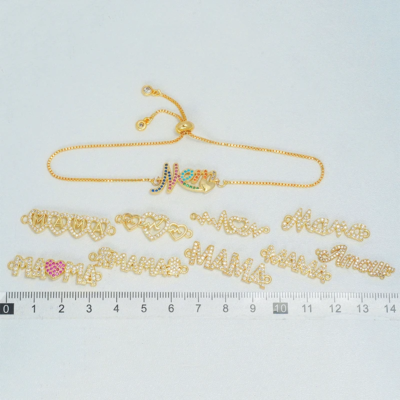 12Pcs Inlay Colorful Zircon Connector for Diy Bracelet Necklace Jewelry Making MAMA Mom Heart Copper Plated Accessorie for Women