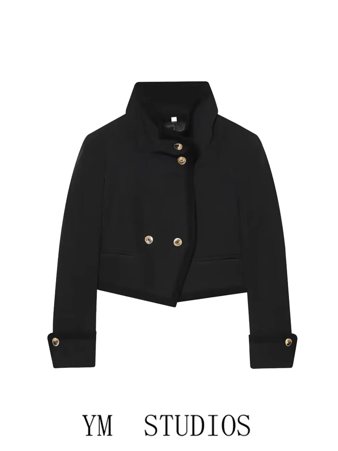 

Женский модный укороченный пиджак с высоким воротником, металлическими пуговицами и открытой талией, весенне-осенний, черный, трендовый стиль