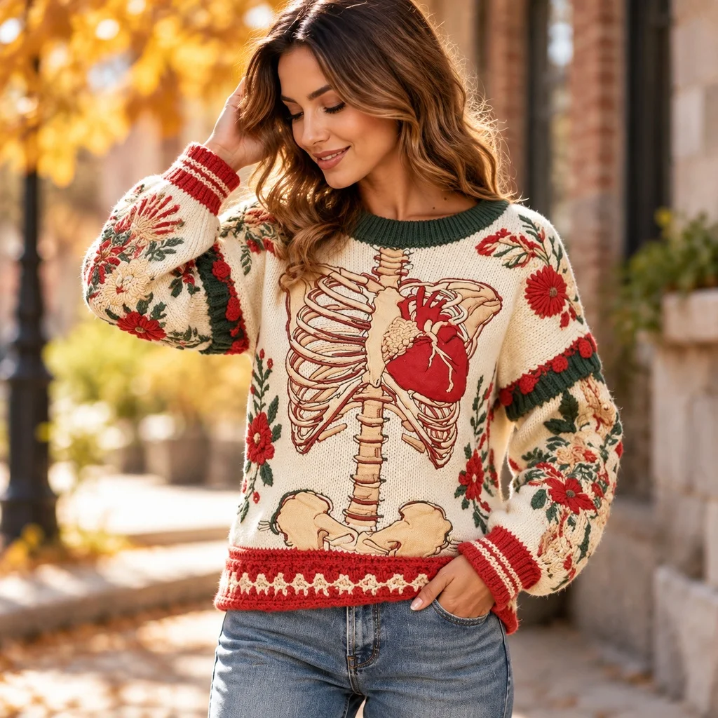 Printed Casual Hat Mid Length Fresh Sweet with Autumn Winter Long Sleeve T Shirt No Hood Single Top Style Long Sleeve for Women