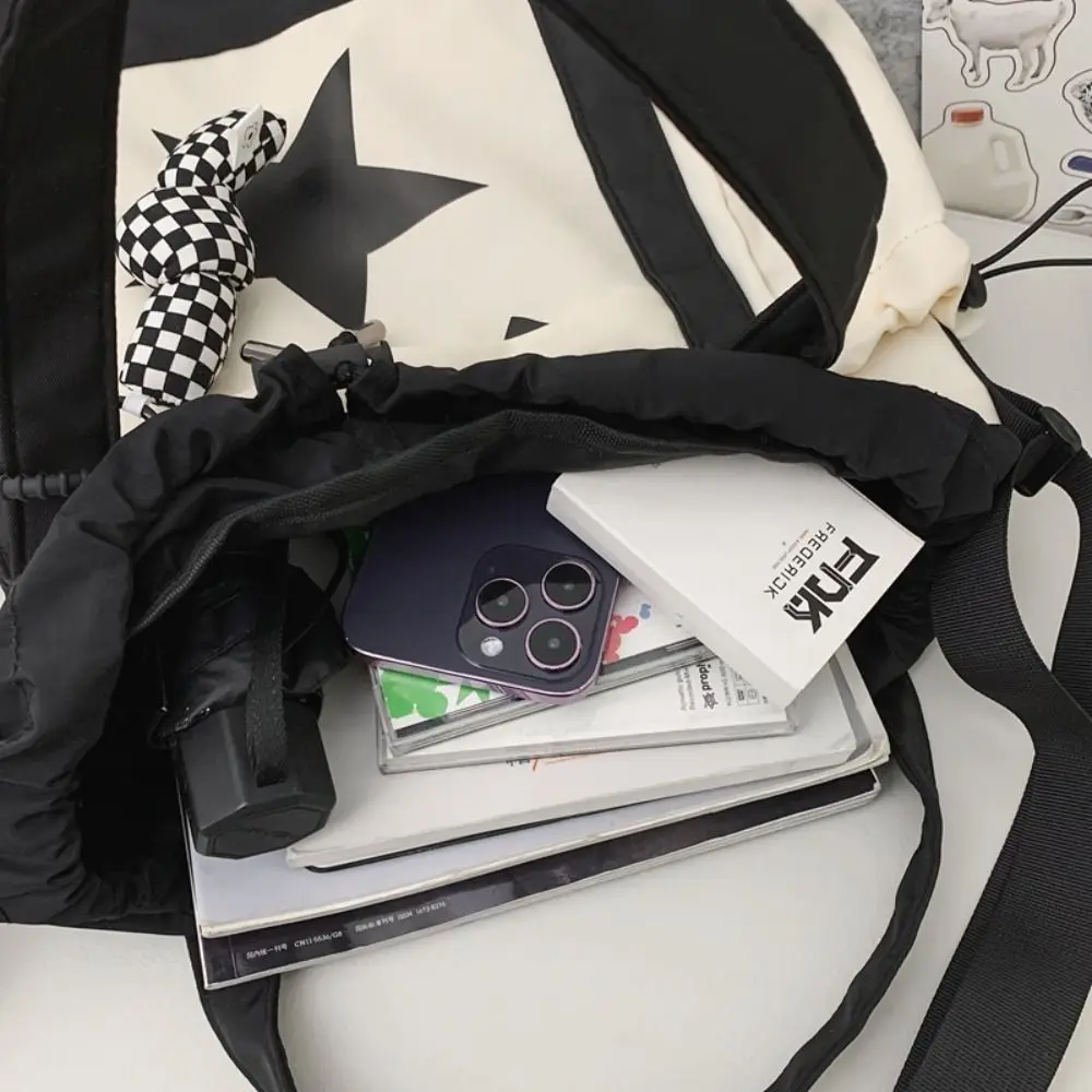 

Nylon Large Capacity Shoulder Bag Drawstring Five-pointed Star Star Tote Bag Street Wear Handbag Y2K Crossbody Bag Couple