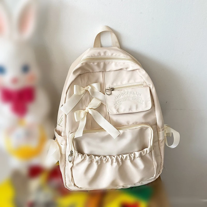 Back to School Backpack Cute Bow Nylon Letter Embroidery School Bag Large Capacity with Dual Zippers Adjustable Straps Backpack