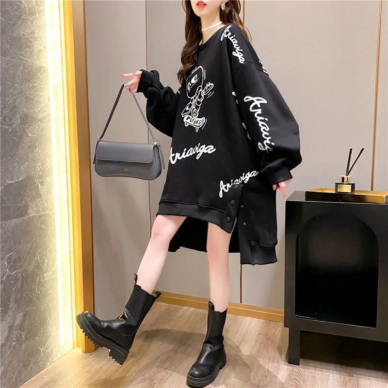 Hikigawa 2023 Autumn Vintage Cartoon Print Tops Women Loose Casual Long Sleeve O Neck Hoodies Streetwear All Match Sweatshirts