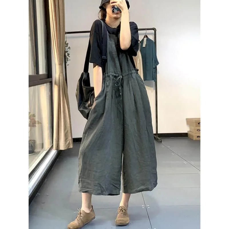 Linen Jumpsuits for Women Loose Waist Drawstring Playsuits Safari Style One Piece Outfit Women Casual Cropped Wide Leg Pants