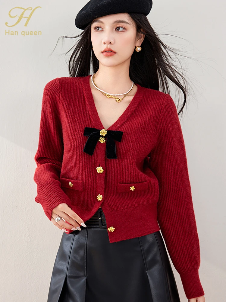 H Han Queen Autumn Thick Women\'s Clothes Korean Fashion Simple Basic Bow Coat Sweater Female Clothing Long Sleeve Tops Cardigans