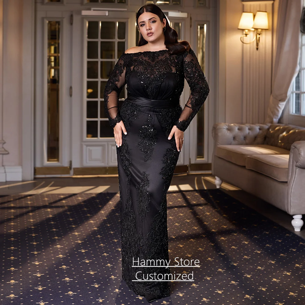 

Черное вечернее платье-русалка больших размеров на заказ с вырезом-лодочкой, длинными рукавами, пайетками и аппликациями, в пол, для свадеб и вечеринок