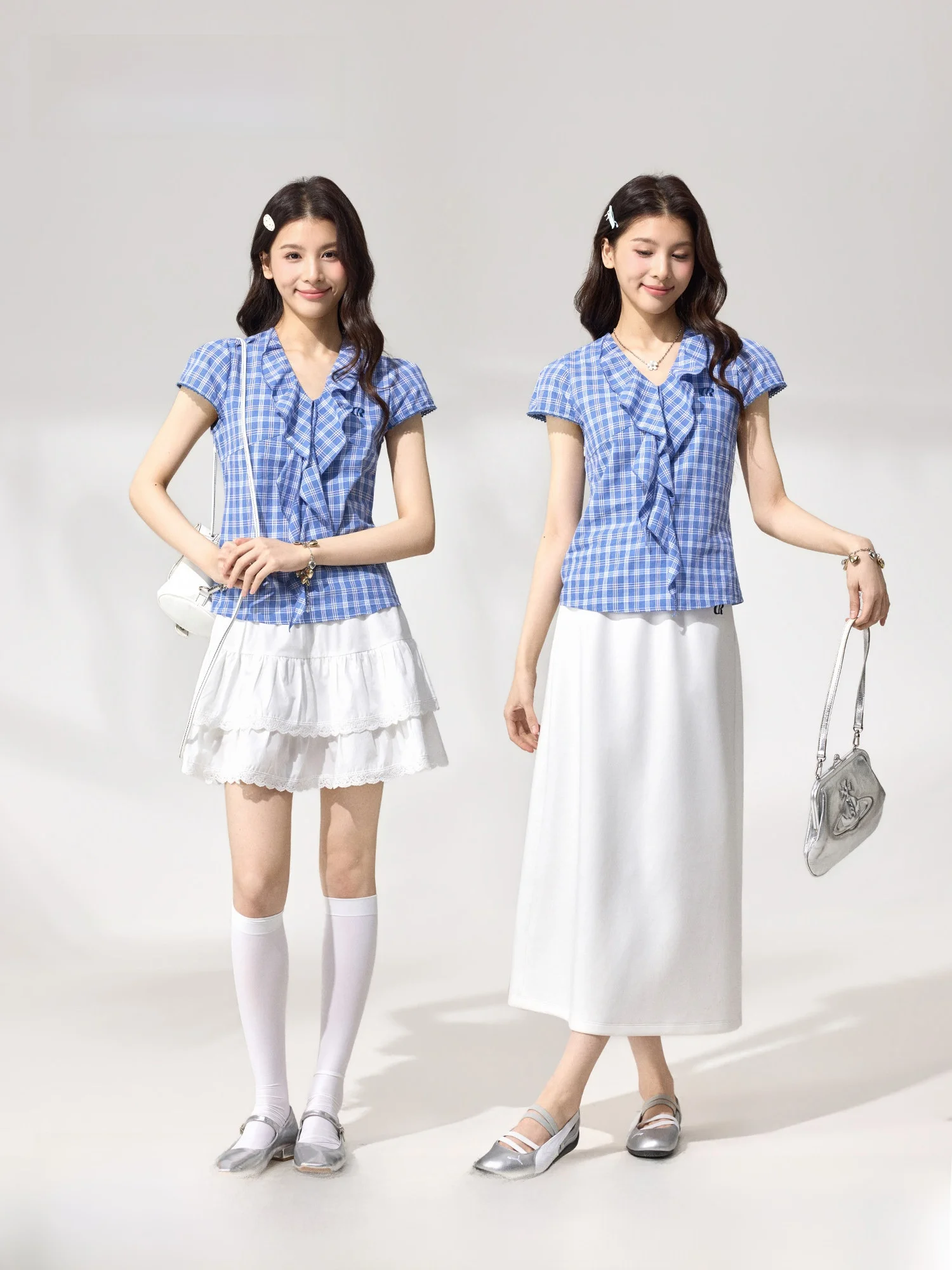 

Blue Plaid Knot Casual Shirt Women's Summer Slim Fit Short Sleeve T-Shirt Top Breathable Cotton V-neck Gras Space