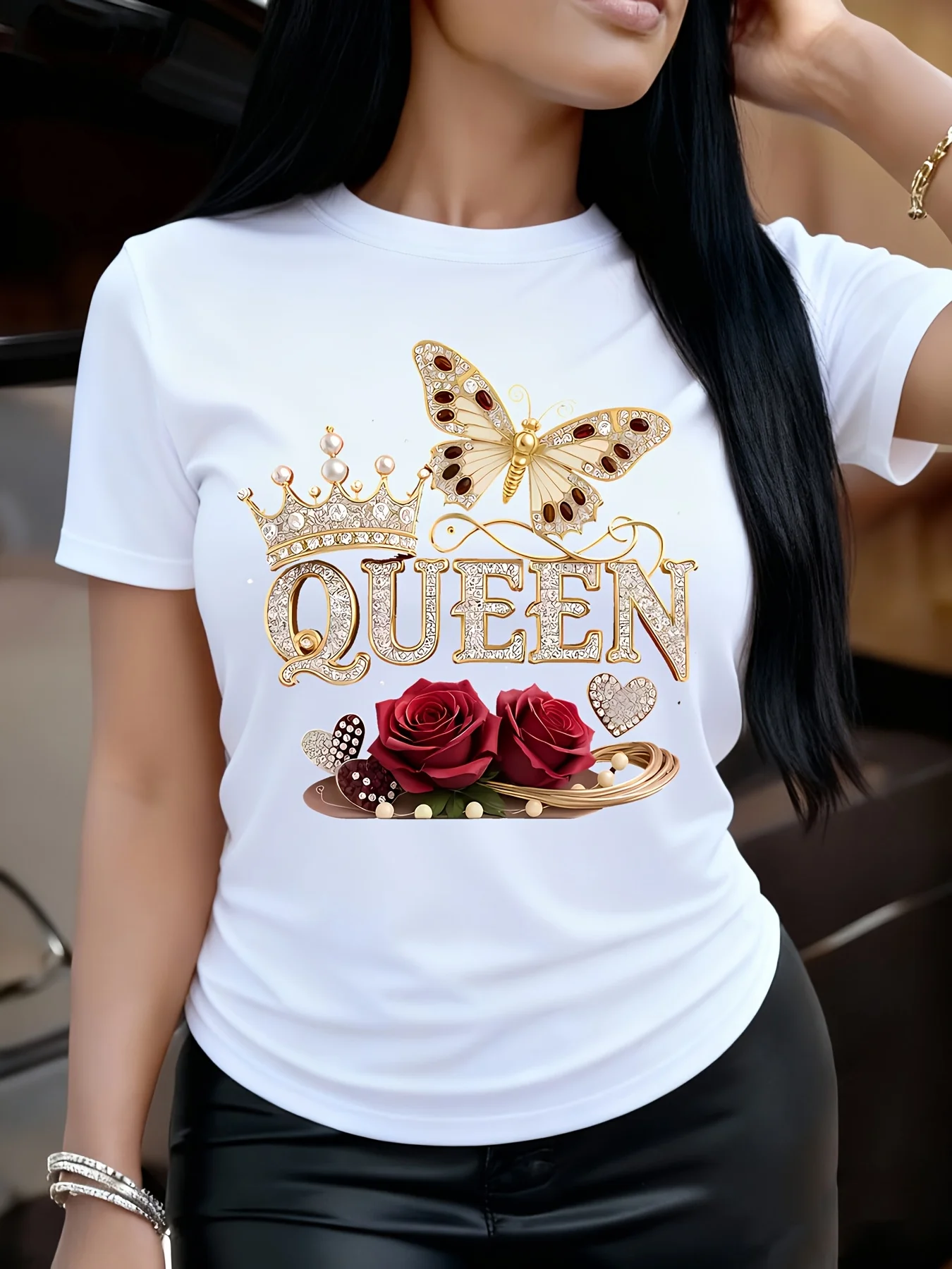 QUEEN Queen Butterfly Crown Rose Pattern Round Neck T-shirt Women's Casual Fashion Top Outdoor and Indoor Cute Wearing