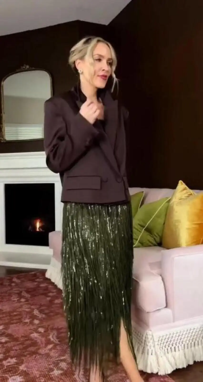 Women Green Sequin Tassel Midi Skirt High Waist Shiny Long Party Skirt Casual Evening Club Gown Christmas Dinner