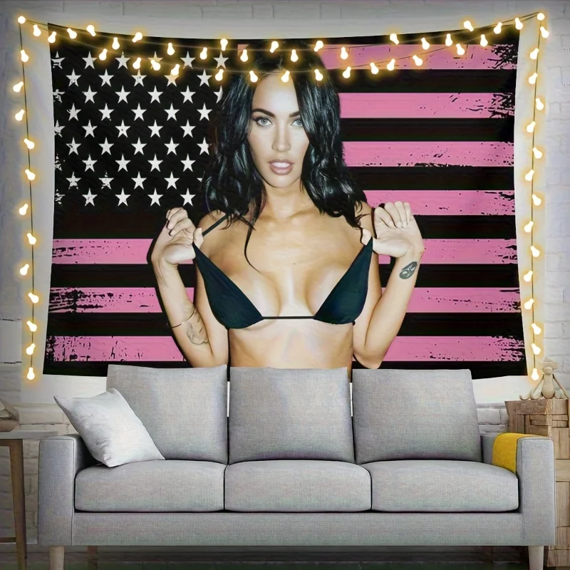 1 Piece of Megan Fox and American Flag Wall Hanging - Pink and Red Stripes Design Flaga Black Polyester Fiber Advertising Custom