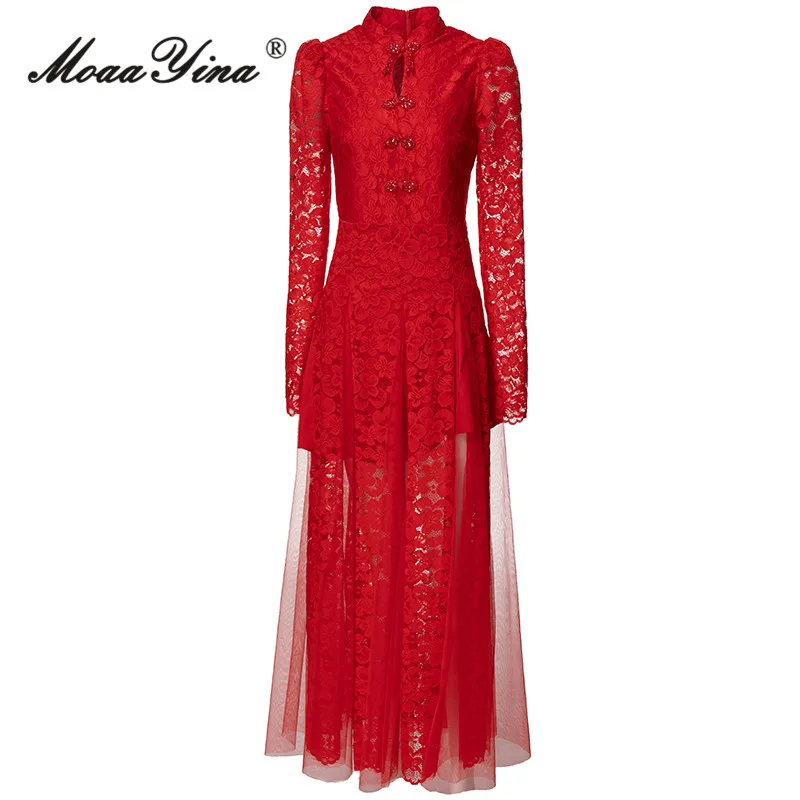 

MoaaYina Autumn Fashion Designer Red Vintage Mesh Dress Women Stand Collar Button Lace Holiday Party High Waist Slim Long Dress