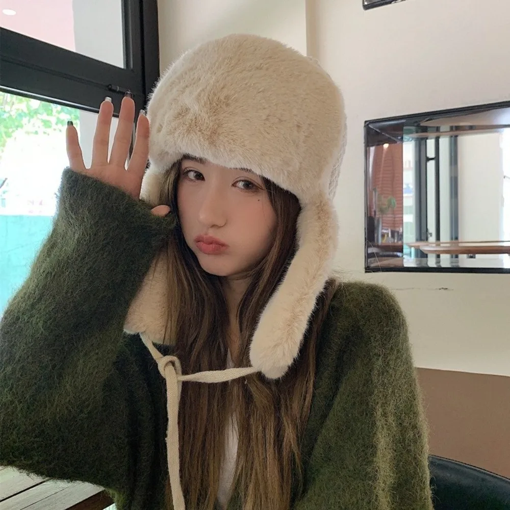 多用途ニット男性女性パイロット帽子ふわふわ防風フェイクファーレイフェン帽子韓国防寒耳保護キャップレディース