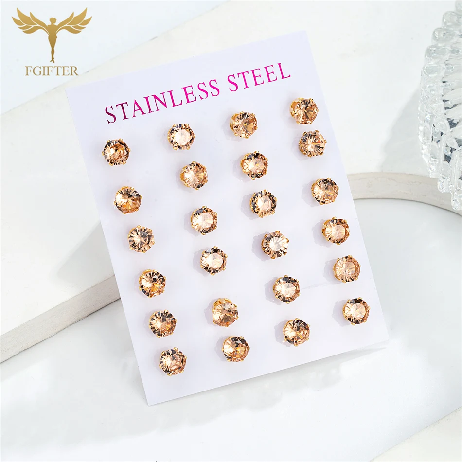 12 Pairs Champagne CZ Zircon Earrings Set Wholesale Gold Color Stainless Steel Stud Jewelry for Women 6mm Big Round Crystal Gift