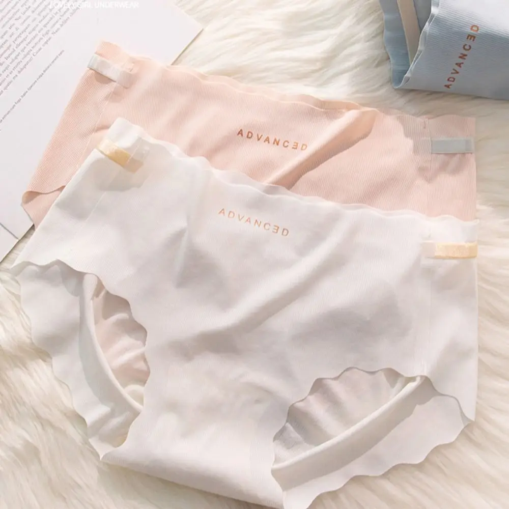 Sweet Solid Color Ice Silk Panties Soft Letter Middle Waist Briefs Cotton Crotch Japanese Style Seamless Lingerie Women