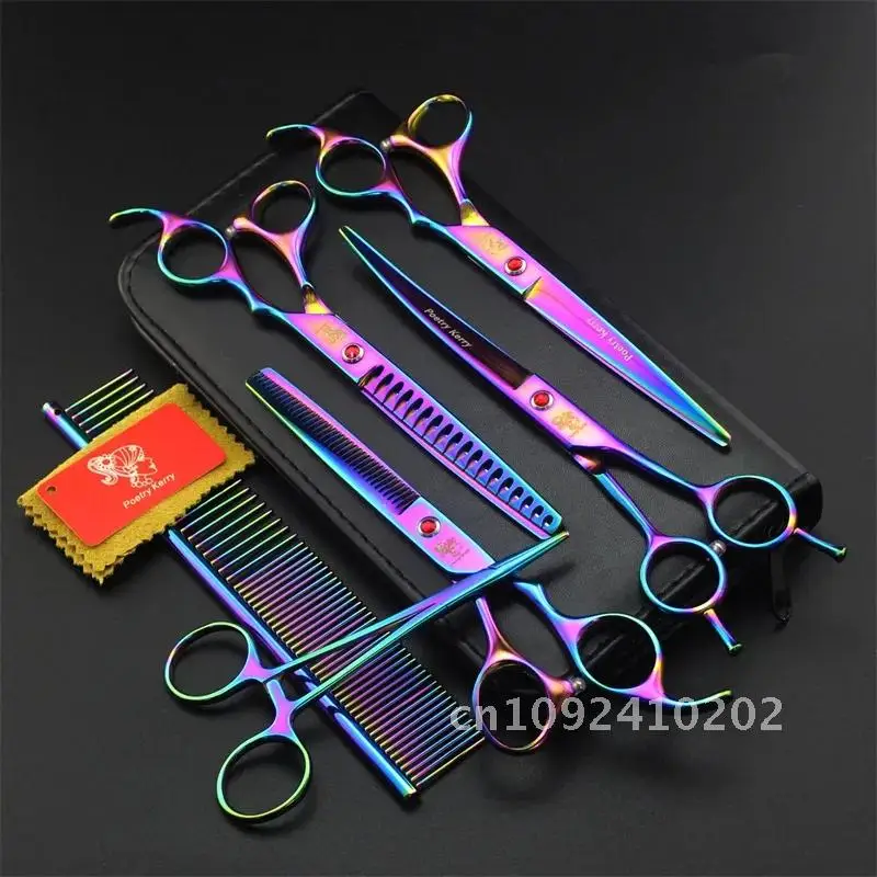 

7.0 Inch Professional Pet +Comb For Dog Grooming Dogs Shears Curved &Thinning Scissors & Straight Scissors 4pcs Set Hair Cutter