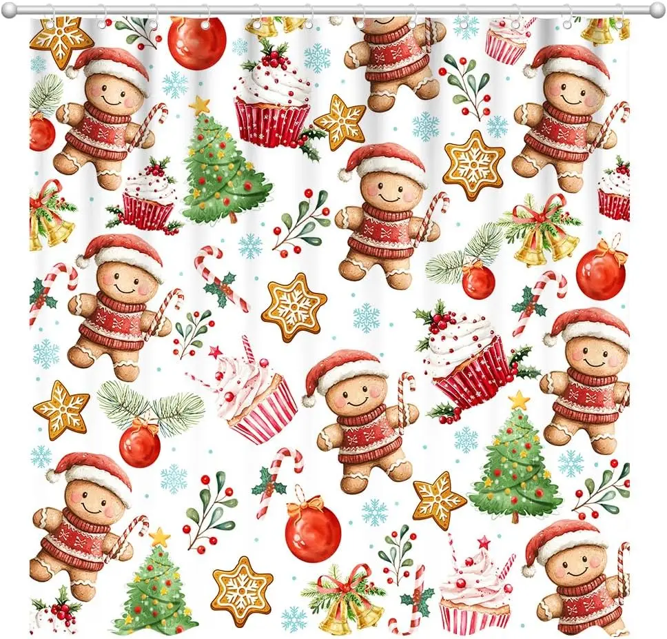 Gingerbread Shower Curtain Christmas Cookies Candy Gingerbread Man Home Bathroom Decorations Santa Xmas Trees Bathtub Curtain