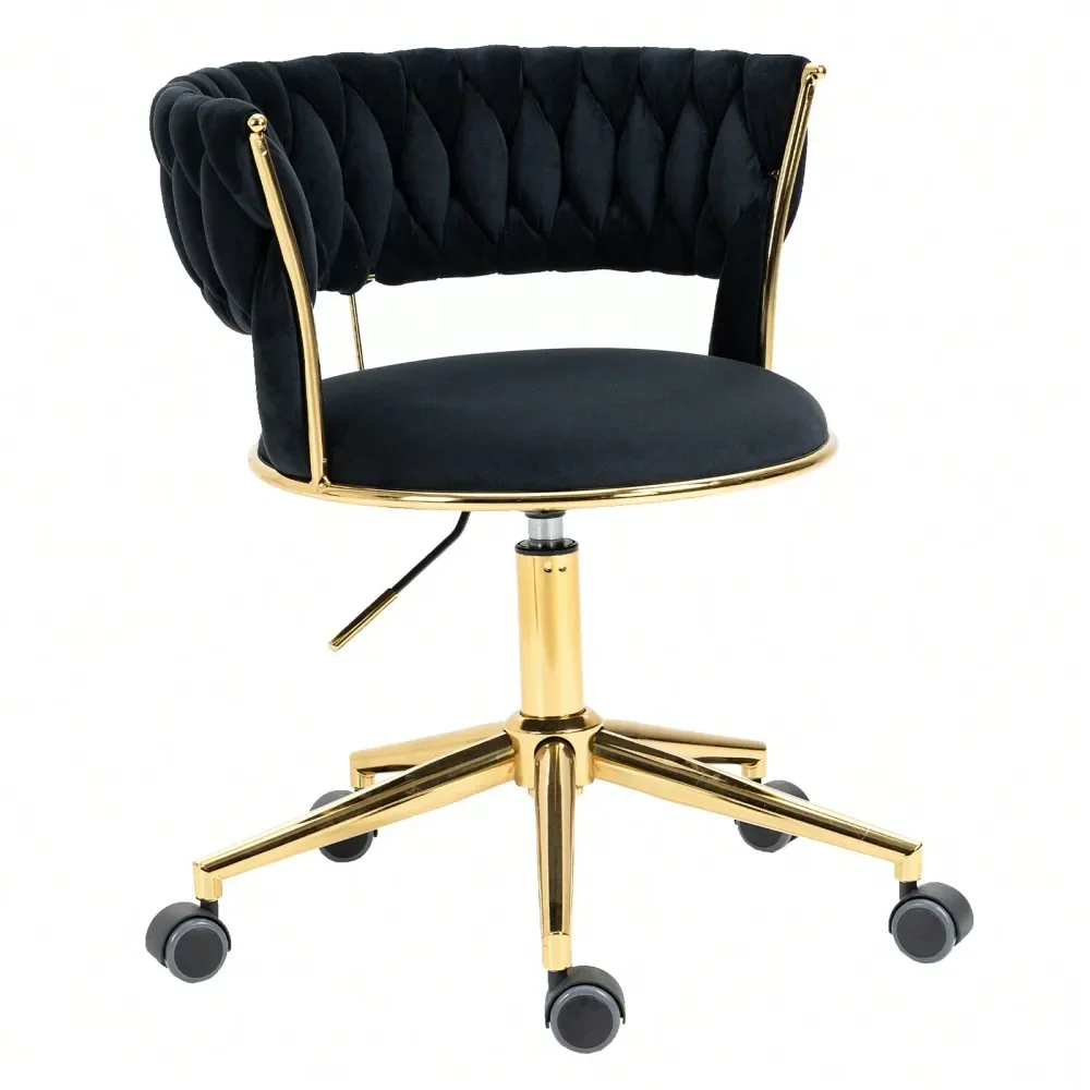 Office Chair With Hand Woven, Velvet UpholsteredDesk Chair With Open Back, 360 Swivel Height Adjustable Task Chair, Ergonomic Of