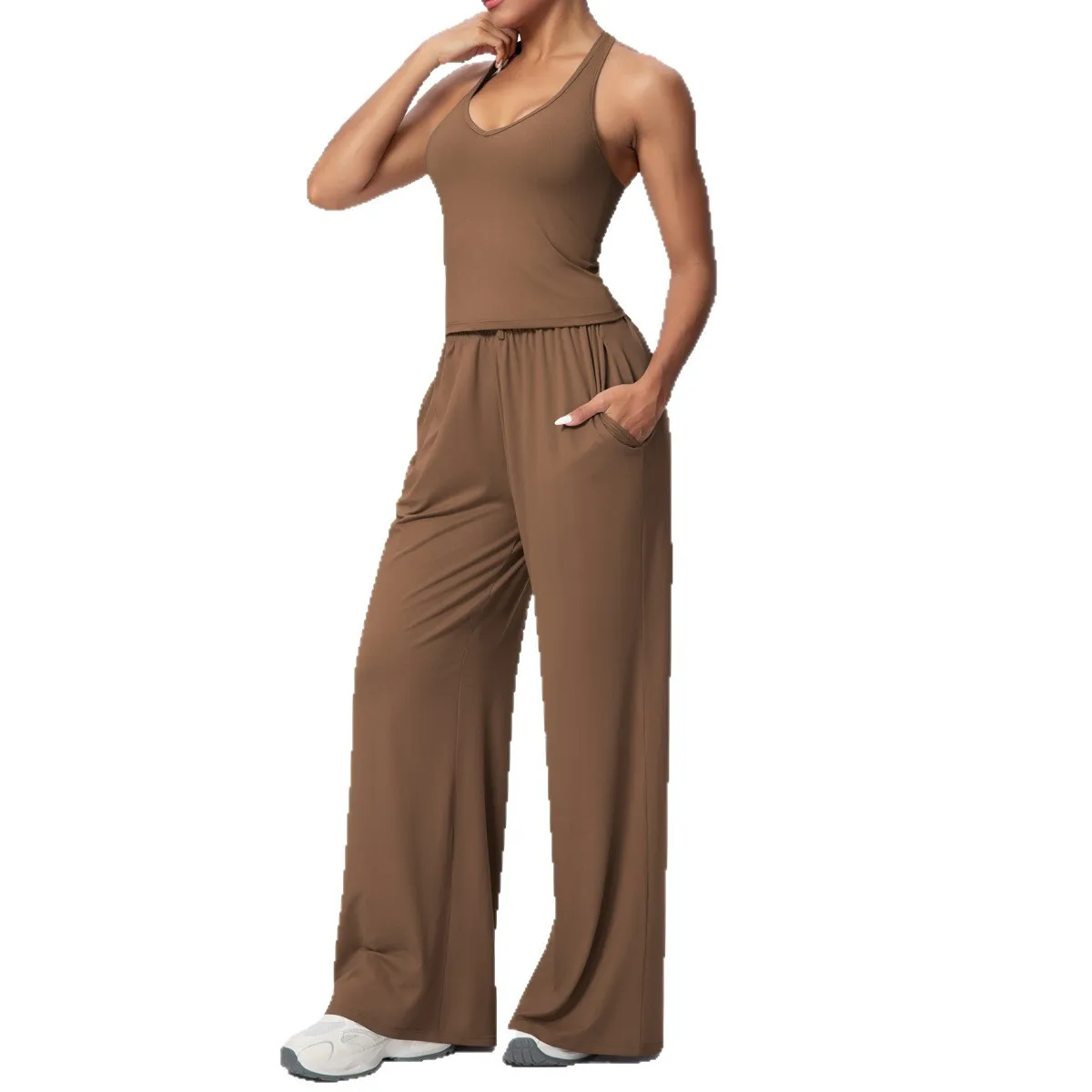 Тренажерный зал с v-образным вырезом и открытой спиной, плотный дышащий однотонный комплект одежды для йоги с широкими штанинами для женщин, спортивные комплекты для бега и фитнеса