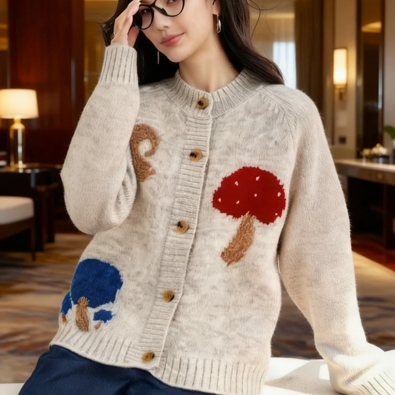 

AOSSVIAO Autumn Winter Thick Warm Loose Sweater Korean Cute Mushroom Cartoon Knitted Cardigan Women O-Neck Long Sleeve Grey Coat