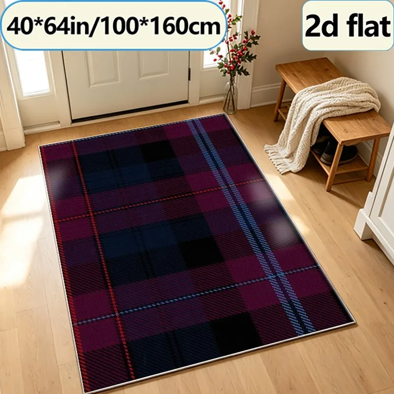 Burgundy Blue Checkered Plaid Carpet, Traditional Scottish Style Carpet, Suitable for Living Room, Bedroom, and Home Floor Decoration