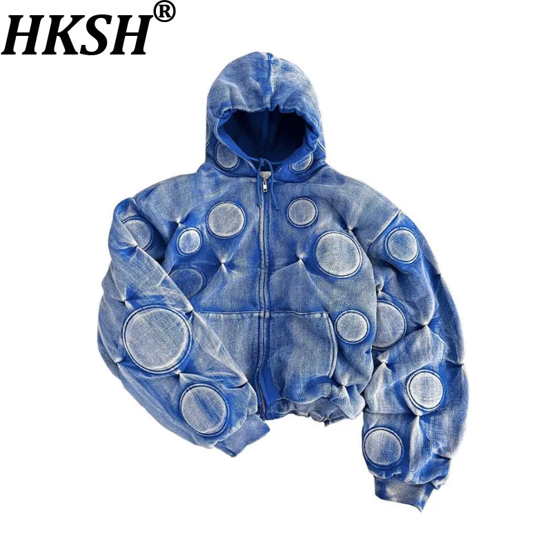HKSH Spring Autumn New Man Tide Punk Padded Heavy Washed Fading High Street Hoodies Loose Round Embroidered Zipper Coats HK7572