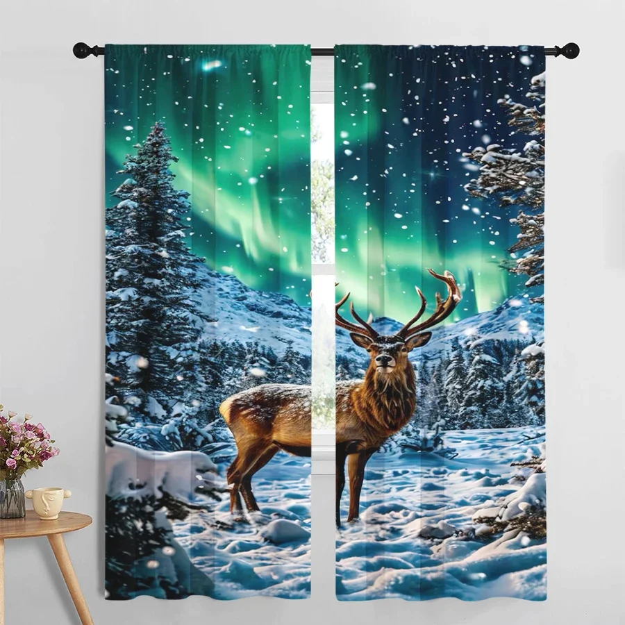 Magical Aurora Borealis Forest Deer Scene Curtain for Bedroom Living Room Home Decor Window Treatment