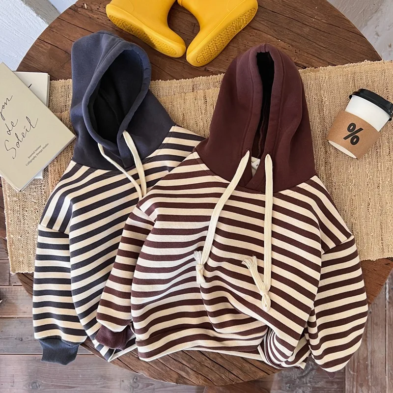 

Boy's hooded fleece and wool winter style han edition stripe cotton sweater children children the fleece jacket Fried street