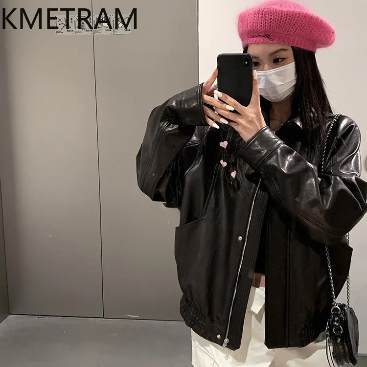KMETRAM Real Vegetable-Tanned Sheepskin Leather Jacket Woman Retro Short Coat Autumn Loose Jackets Women Clothing 2026 jaqueta