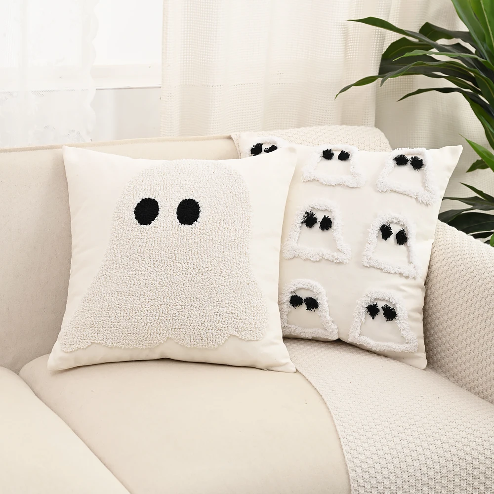 BUYNOW 1 Stück Halloween Kissenbezug mit getufteter Stickerei, Geister- und Kürbisdekor, Wohnzimmer, Zuhause, festliche Dekoration, Sofa, Boho-Kissenbezug, 45 x 45 cm