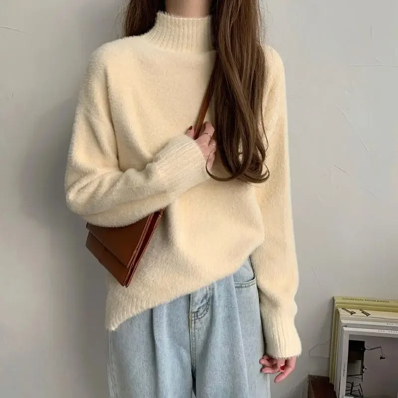 Knitted Top for Women Pullovers Gigh Neck Jerseys Ladies Sweaters Turtleneck Pink 90s Vintage Modern Y2k Fashion Korea Clothes