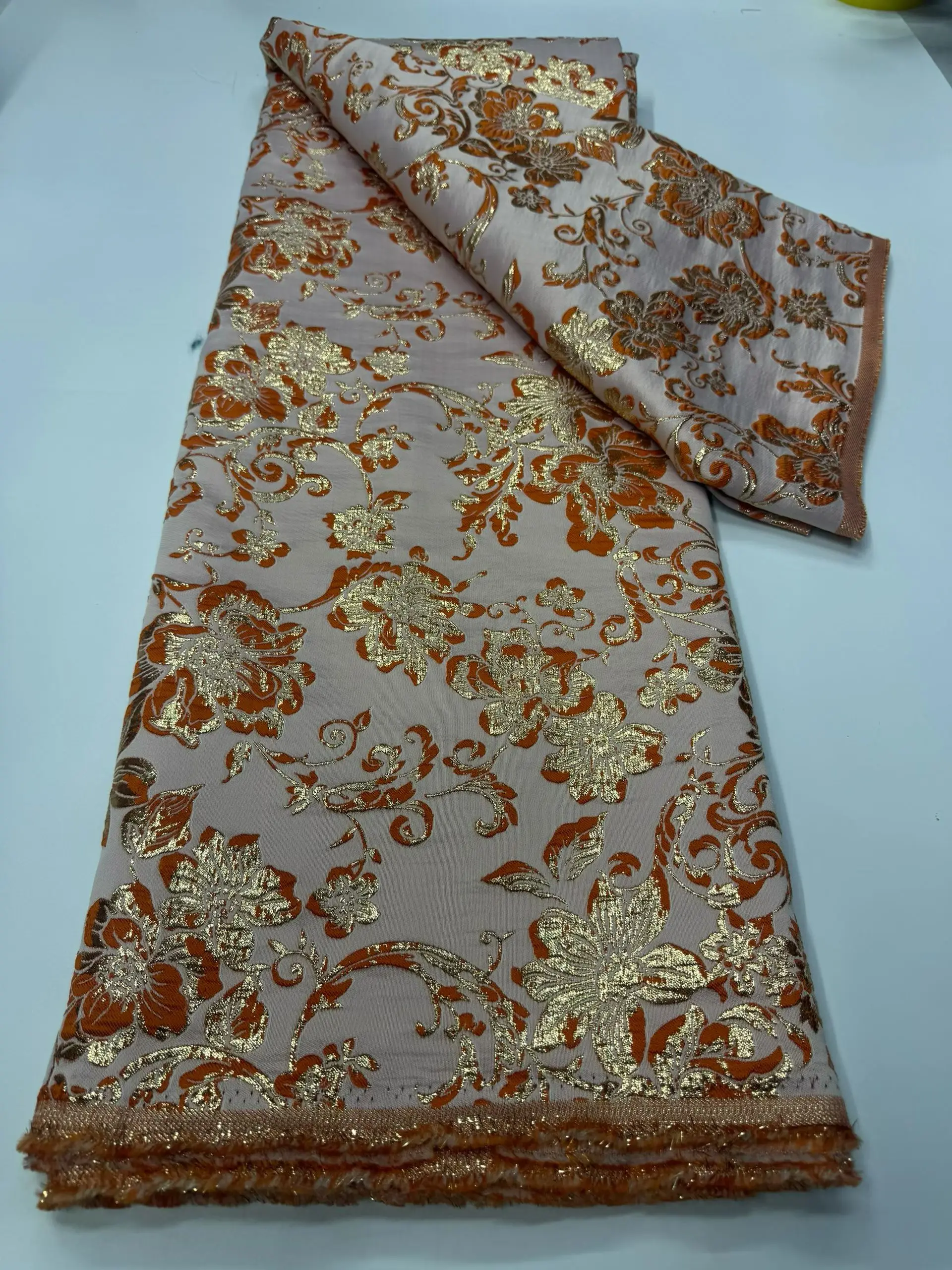 

Latest Orange Gold Damask Brocade African Lace Fabric 2026 High Quality Jacquard Nigerian Lace Fabric For Women Dress KCW2543