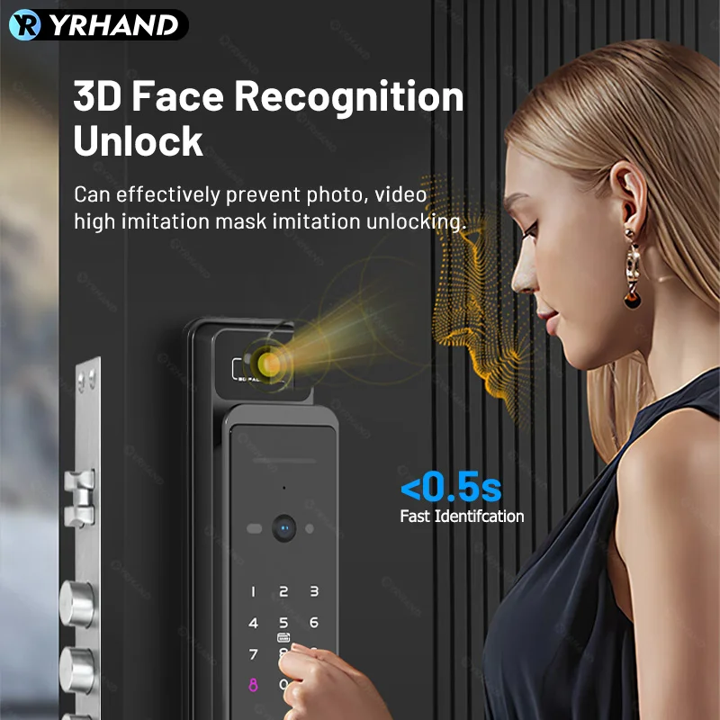 YRHAND-Fechadura de porta inteligente com câmera, reconhecimento facial, Wi-Fi, 3D, interfone em tempo real, aplicativo remoto, casa inteligente