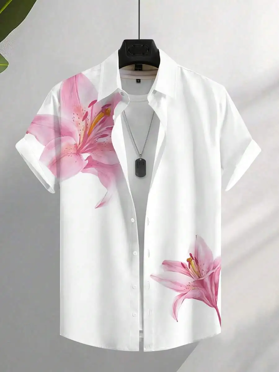

Mens White Floral Print Short Sleeve Button Down Casual Shirt Summer